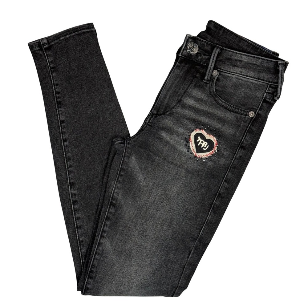 True Religion Halle Mid Rise Super Skinny Jeans Black Heart Patch Womens Size 25
